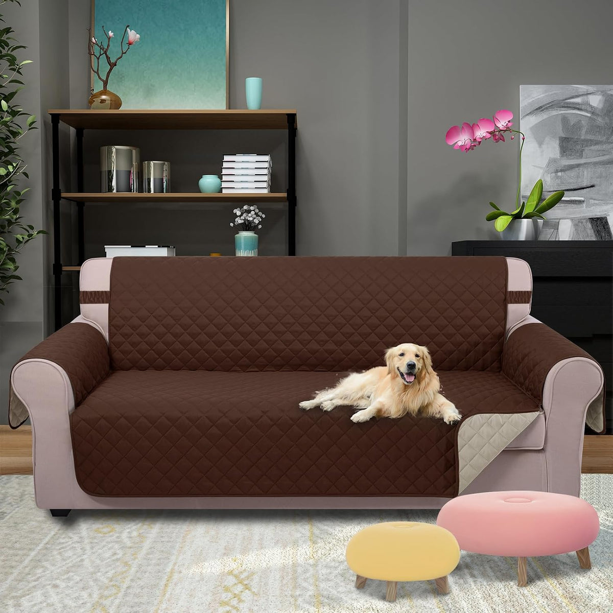 Reversible Sofa Cover Couch Cover for Dogs, Coffee/Beige | 68''Sofa Mat Washable, Pet Friendly, Elastic Straps, Water Repellent, Furniture Protector for 3 Cushion Couch - Colors B