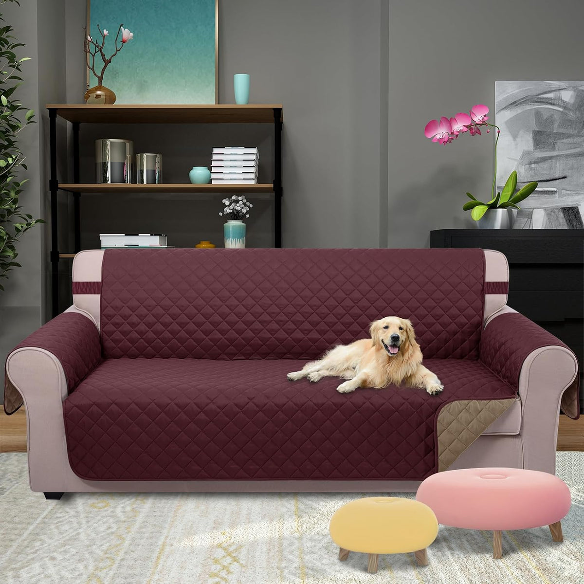 Reversible Sofa Cover Couch Cover for Dogs, Coffee/Beige | 68''Sofa Mat Washable, Pet Friendly, Elastic Straps, Water Repellent, Furniture Protector for 3 Cushion Couch - Colors B