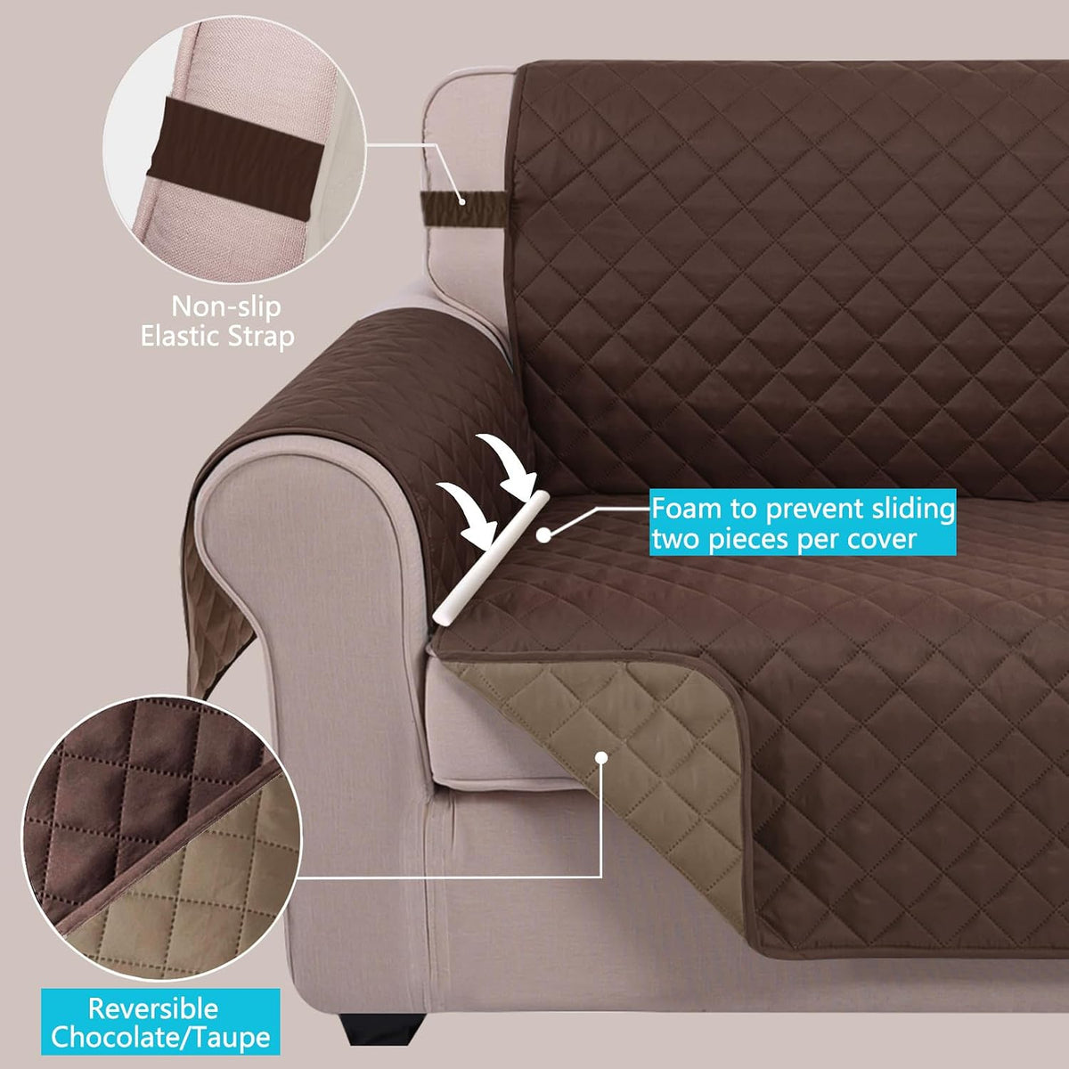 Reversible Sofa Cover Couch Cover for Dogs, Coffee/Beige | 68''Sofa Mat Washable, Pet Friendly, Elastic Straps, Water Repellent, Furniture Protector for 3 Cushion Couch - Colors B