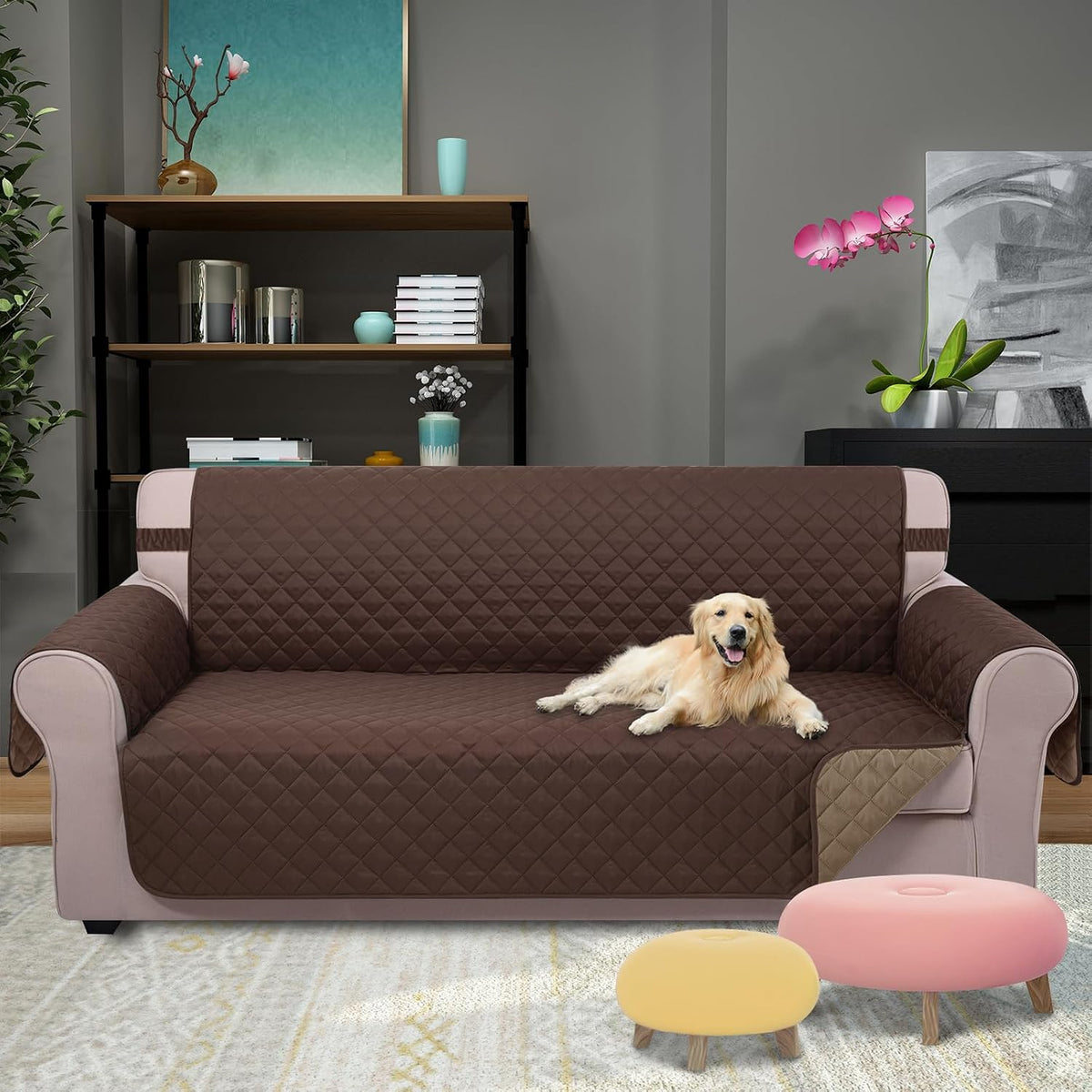 Reversible Sofa Cover Couch Cover for Dogs, Coffee/Beige | 68''Sofa Mat Washable, Pet Friendly, Elastic Straps, Water Repellent, Furniture Protector for 3 Cushion Couch - Colors B