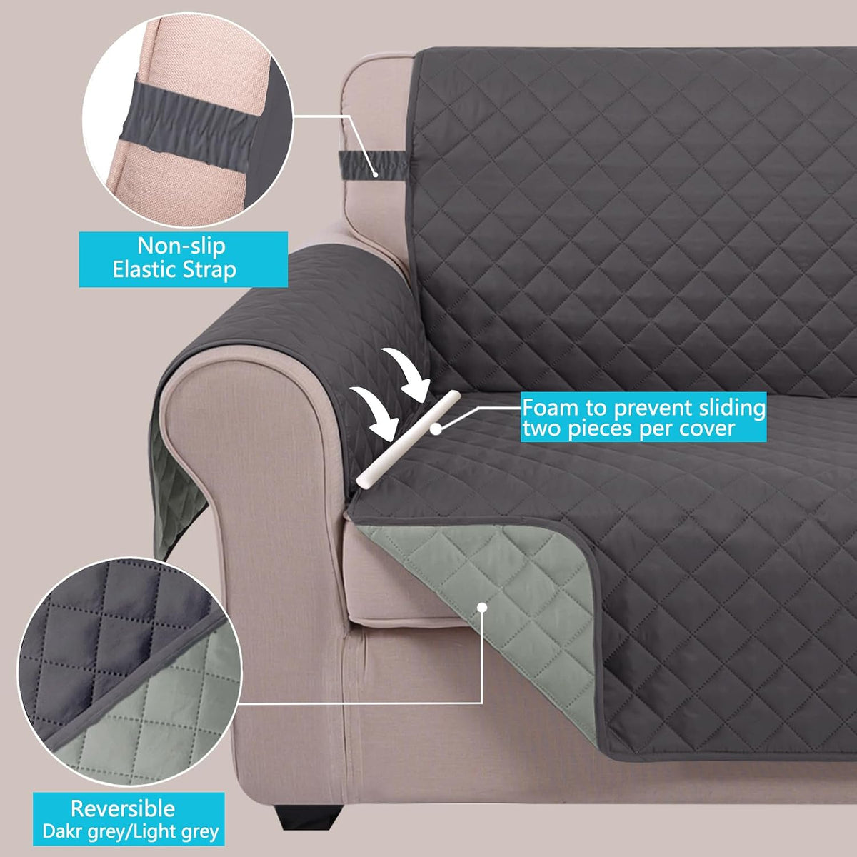 Reversible Sofa Cover Couch Cover for Dogs, Coffee/Beige | 68''Sofa Mat Washable, Pet Friendly, Elastic Straps, Water Repellent, Furniture Protector for 3 Cushion Couch - Colors B