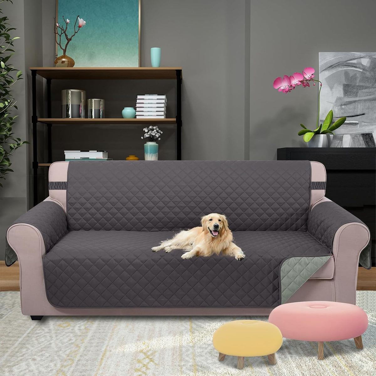 Reversible Sofa Cover Couch Cover for Dogs, Coffee/Beige | 68''Sofa Mat Washable, Pet Friendly, Elastic Straps, Water Repellent, Furniture Protector for 3 Cushion Couch - Colors B