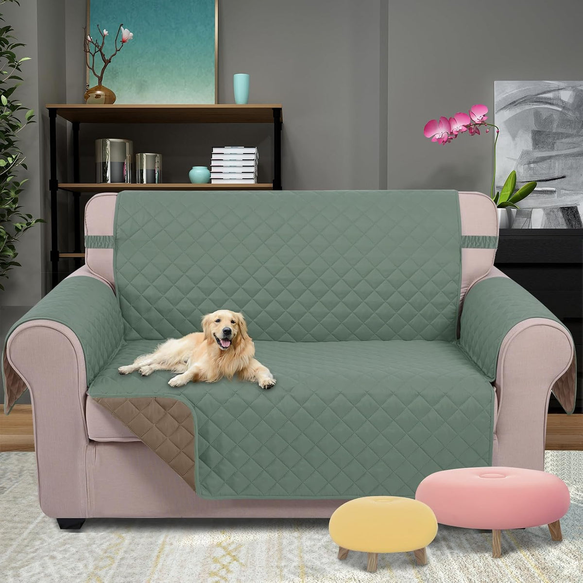 Reversible Sofa Cover Couch Cover for Dogs, Coffee/Beige | 68''Sofa Mat Washable, Pet Friendly, Elastic Straps, Water Repellent, Furniture Protector for 3 Cushion Couch - Colors B