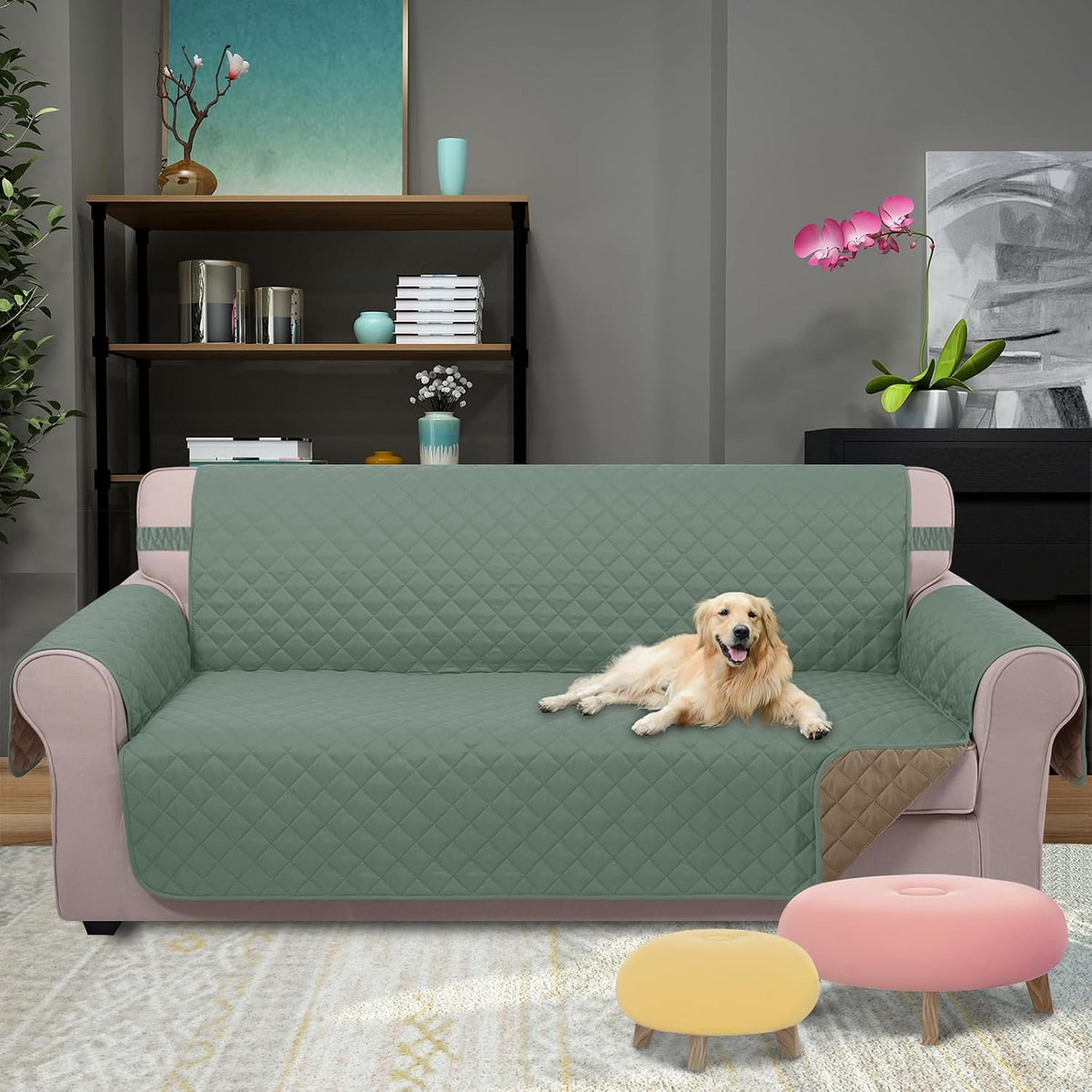 Reversible Sofa Cover Couch Cover for Dogs, Coffee/Beige | 68''Sofa Mat Washable, Pet Friendly, Elastic Straps, Water Repellent, Furniture Protector for 3 Cushion Couch - Colors B