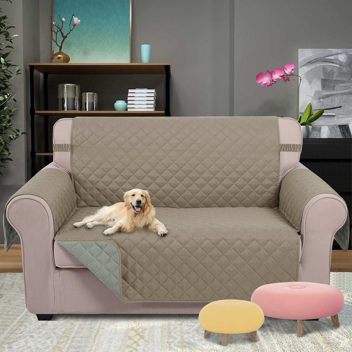 Reversible Sofa Cover Couch Cover for Dogs, Coffee/Beige | 68''Sofa Mat Washable, Pet Friendly, Elastic Straps, Water Repellent, Furniture Protector for 3 Cushion Couch - Colors B