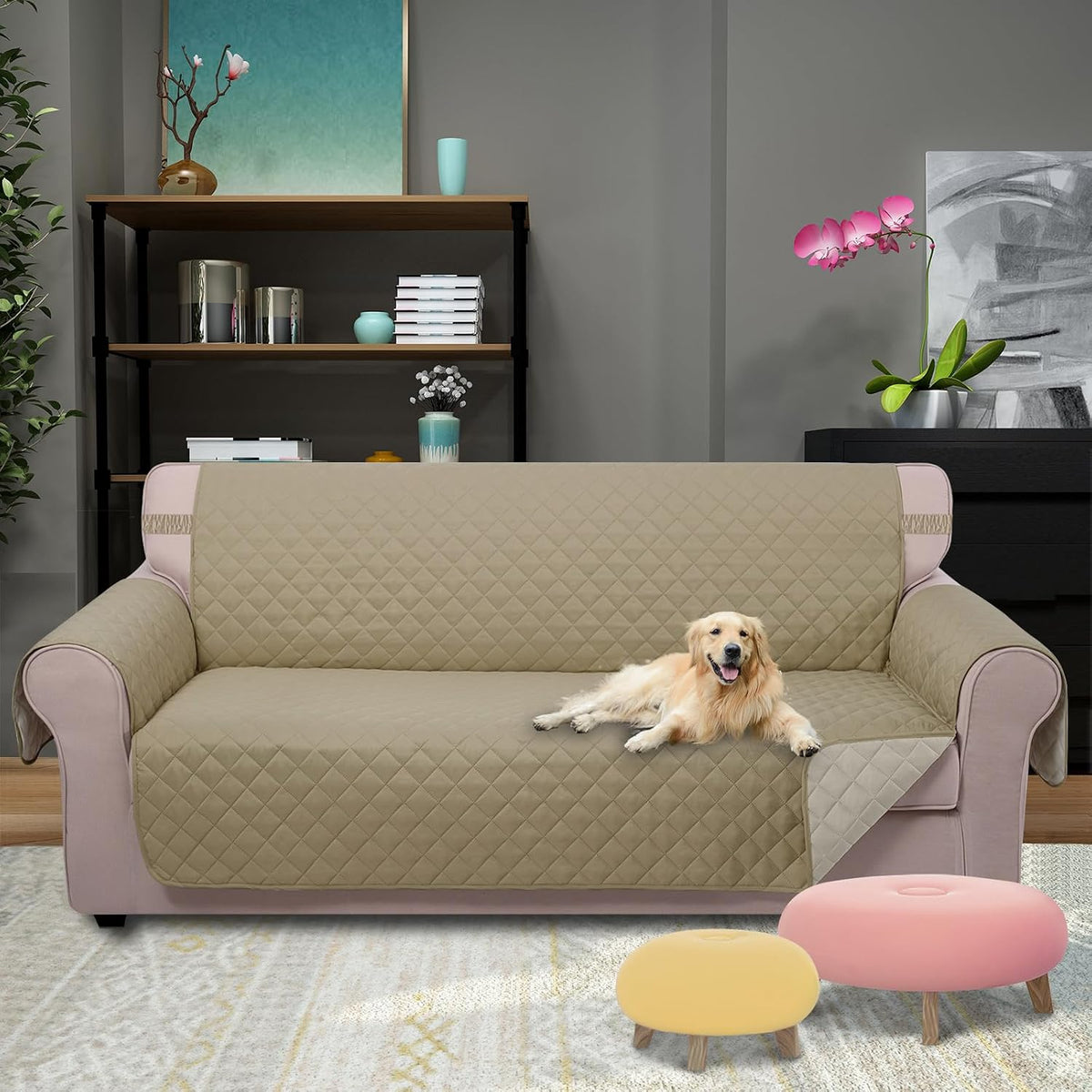 Reversible Sofa Cover Couch Cover for Dogs, Coffee/Beige | 68''Sofa Mat Washable, Pet Friendly, Elastic Straps, Water Repellent, Furniture Protector for 3 Cushion Couch - Colors B