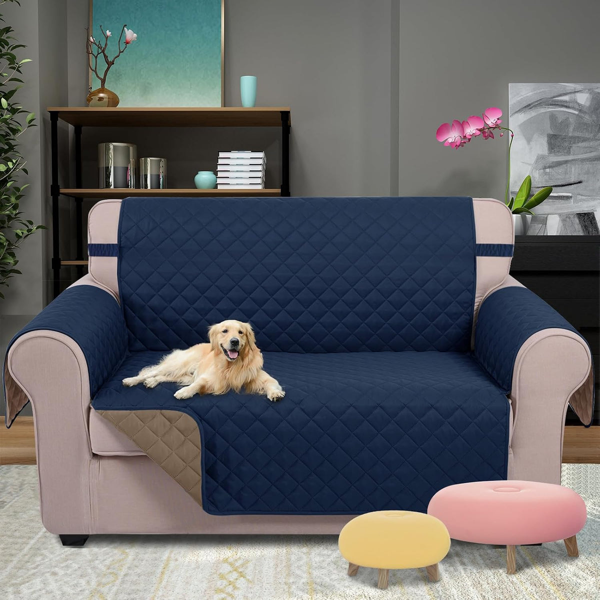 Reversible Sofa Cover Couch Cover for Dogs, Coffee/Beige | 68''Sofa Mat Washable, Pet Friendly, Elastic Straps, Water Repellent, Furniture Protector for 3 Cushion Couch - Colors B