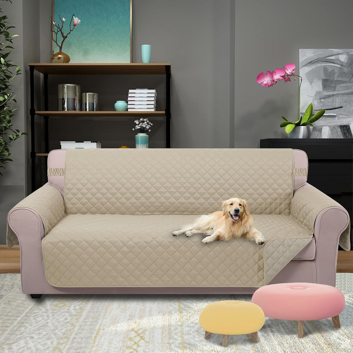 Reversible Sofa Cover Couch Cover for Dogs, Coffee/Beige | 68''Sofa Mat Washable, Pet Friendly, Elastic Straps, Water Repellent, Furniture Protector for 3 Cushion Couch - Colors B
