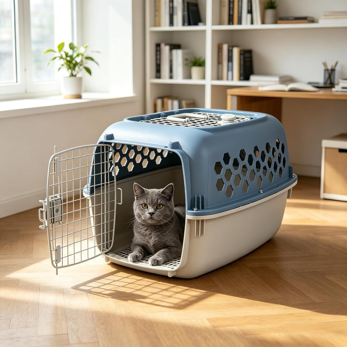 24 Inch Hard Sided Pet Carrier with 2 Doors, Plastic Dog Kennel, Blue