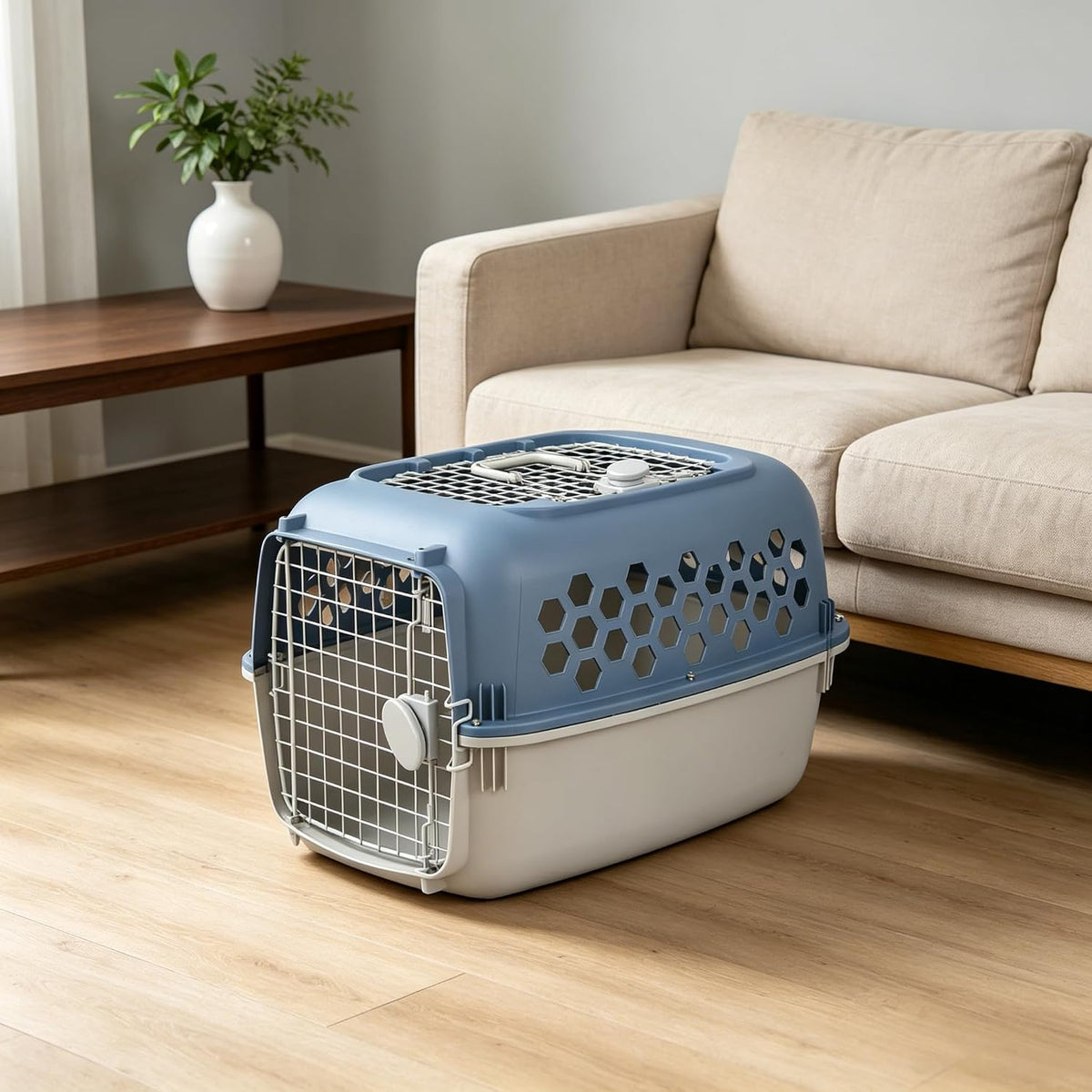 24 Inch Hard Sided Pet Carrier with 2 Doors, Plastic Dog Kennel, Blue