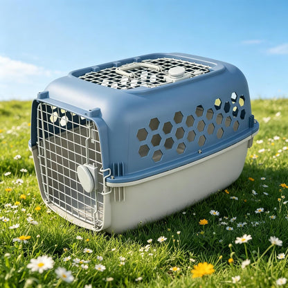 24 Inch Hard Sided Pet Carrier with 2 Doors, Plastic Dog Kennel, Blue