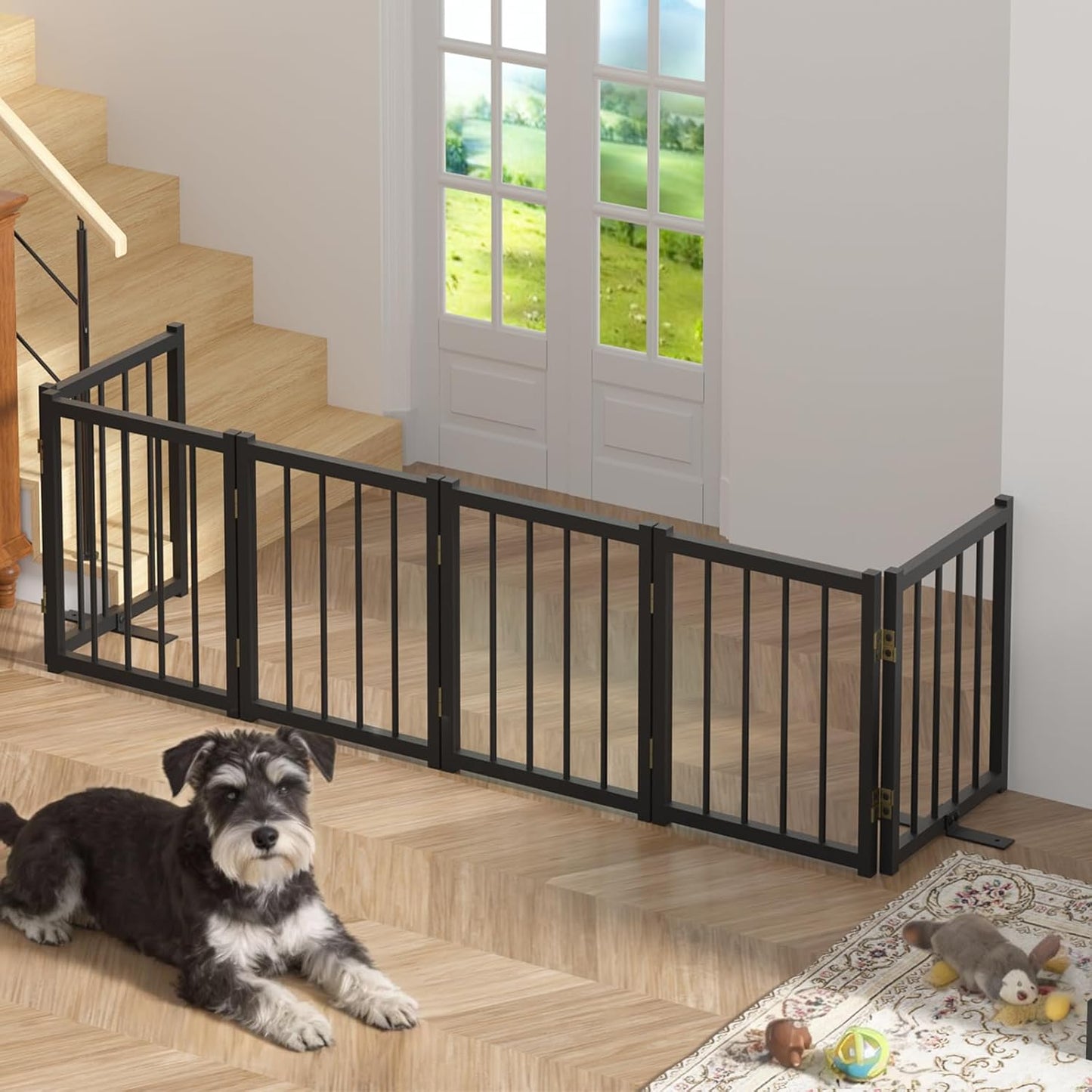 16" Freestanding Short Dog Gate for Small Dogs – Foldable & Retractable, Expands Up to 48" Wide, 4-Panel Pet Barrier for Doorways, Stairs & Hallways (Black)