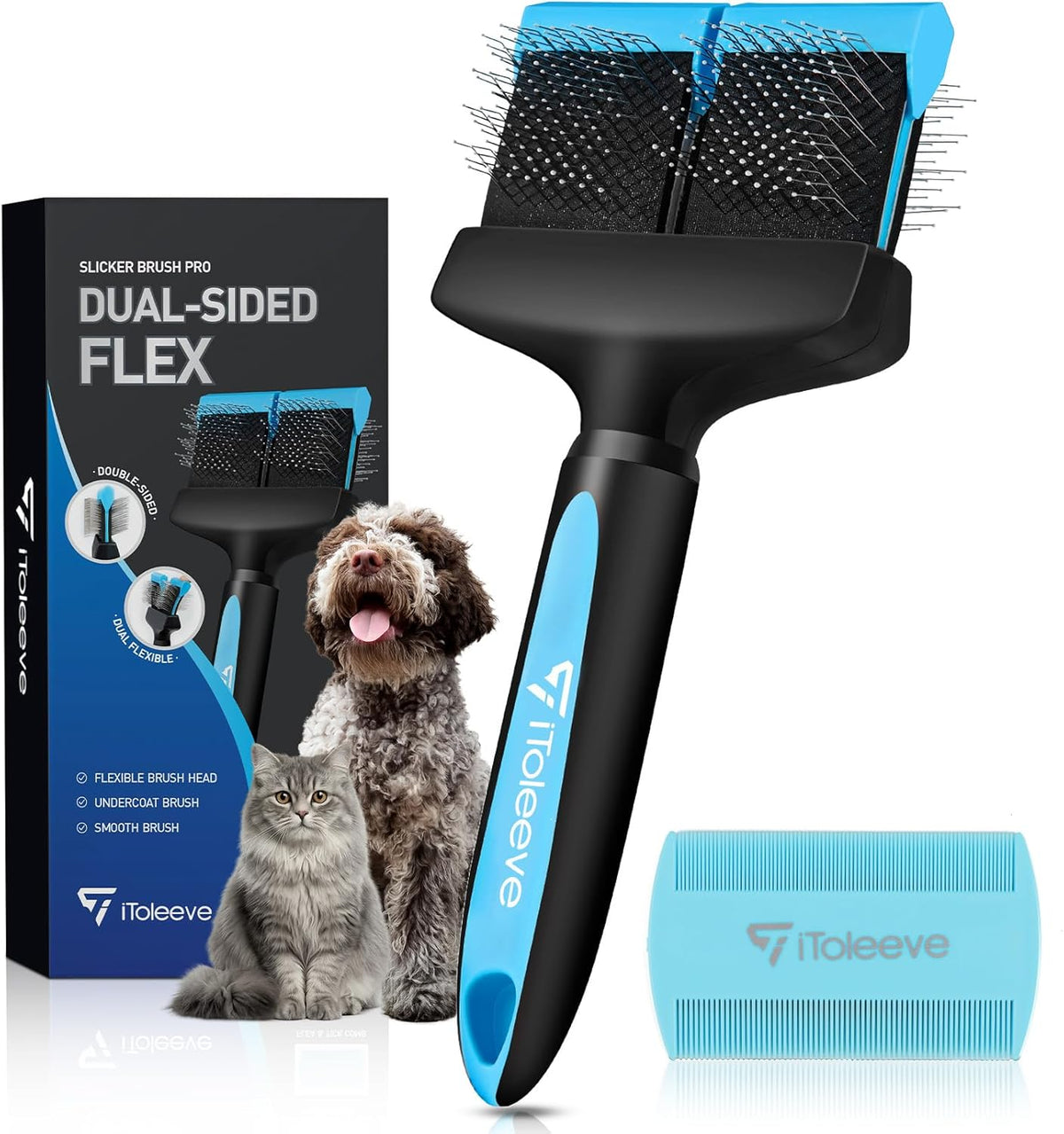 Dual Flexible Head Slicker Brush, Round Tipped Pins, Double Sided | For Dogs and Cats, Grooming Tool Removes Loose Undercoat, Helps Reduce Shedding, and Detangles Knots and Tangles