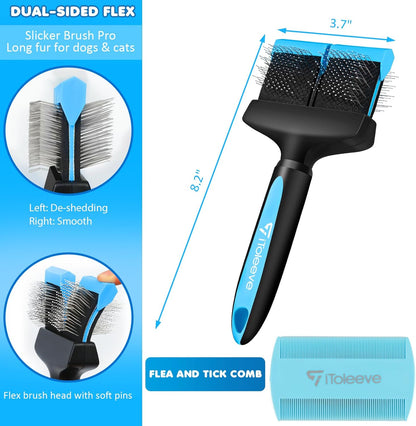 Dual Flexible Head Slicker Brush, Round Tipped Pins, Double Sided | For Dogs and Cats, Grooming Tool Removes Loose Undercoat, Helps Reduce Shedding, and Detangles Knots and Tangles