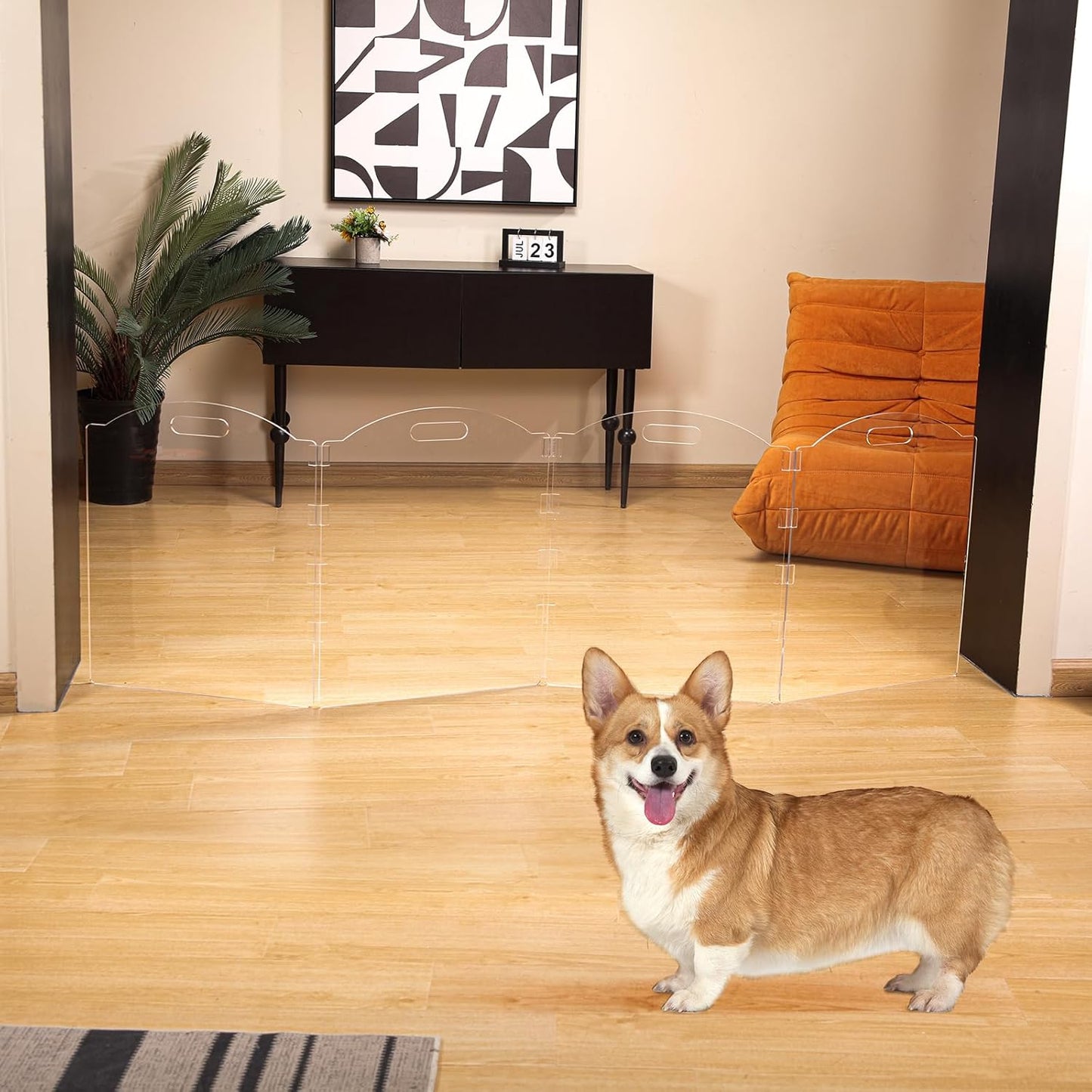 Clear Acrylic Freestanding Dog Gates for the House – Folding 3-Panel Pet Gates for Doorways, Indoor Stairs, and Hallways, Transparent Barrier for Dogs, Puppies, and Cats