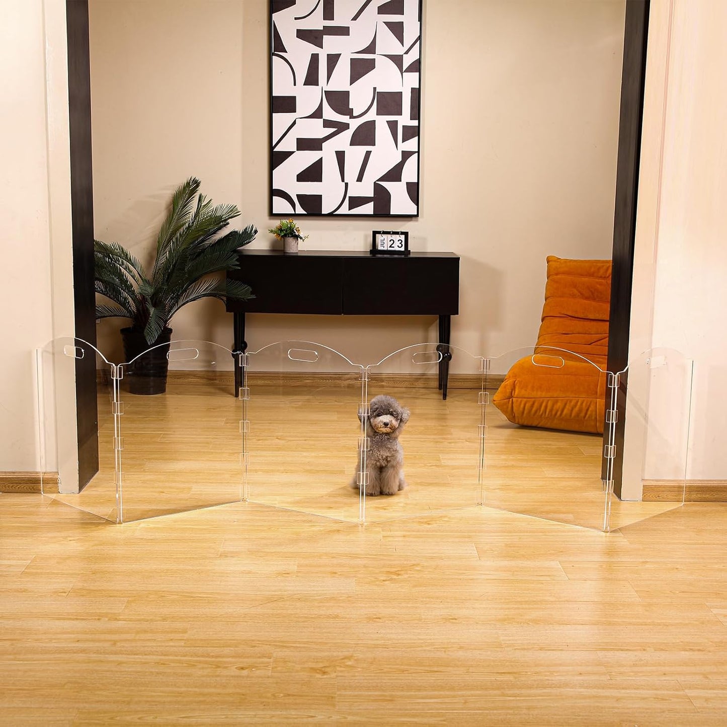 Clear Acrylic Freestanding Dog Gates for the House – Folding 3-Panel Pet Gates for Doorways, Indoor Stairs, and Hallways, Transparent Barrier for Dogs, Puppies, and Cats