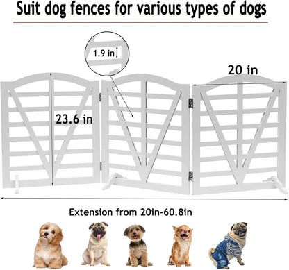 Wooden Dog Gate Freestanding Pet Gate Foldable Pet Gate for Dogs,Indoor Dog Fences with 3Foot Supportershite,3Pane 23.6" Height-White.