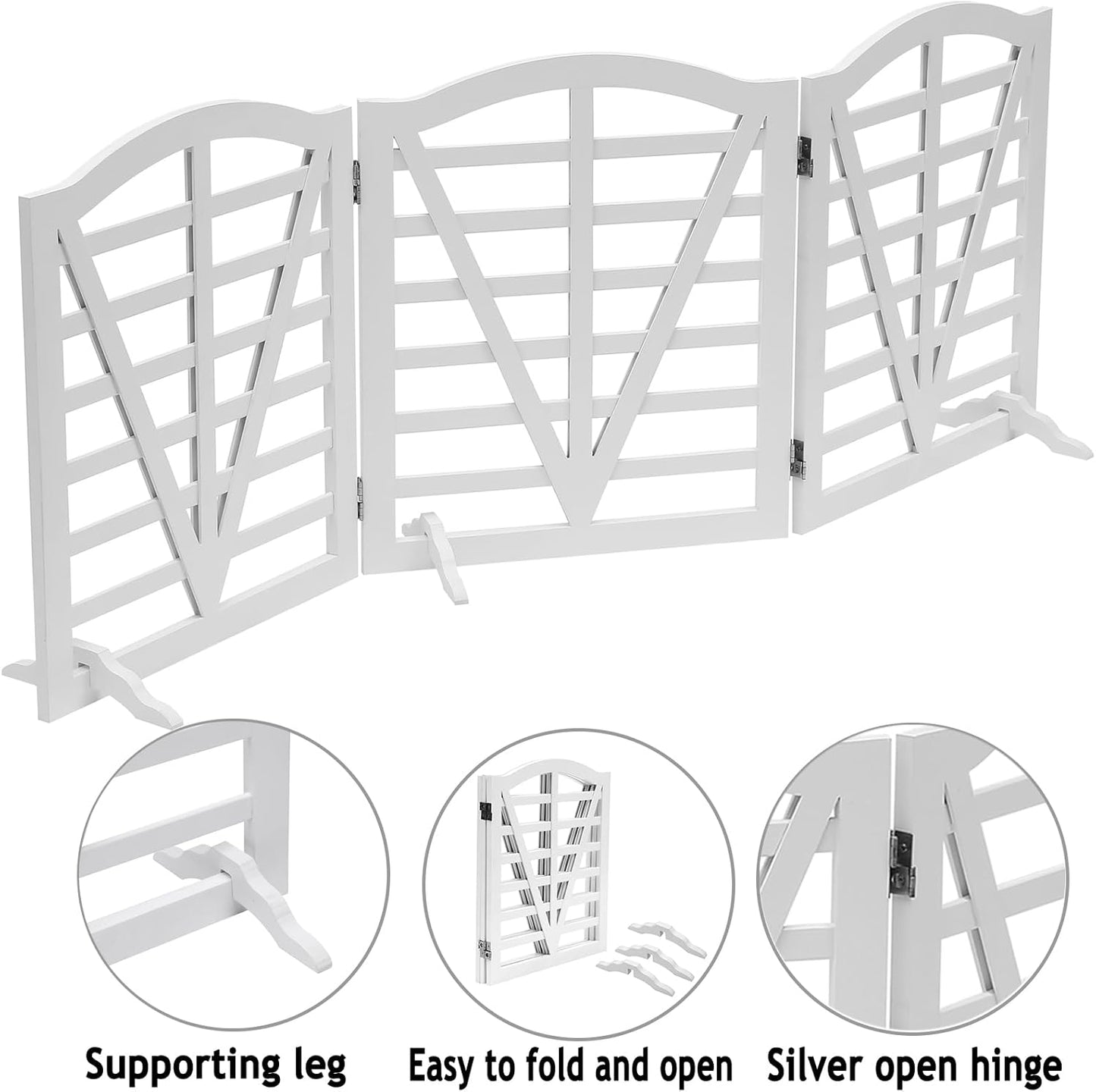 Wooden Dog Gate Freestanding Pet Gate Foldable Pet Gate for Dogs,Indoor Dog Fences with 3Foot Supportershite,3Pane 23.6" Height-White.