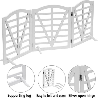 Wooden Dog Gate Freestanding Pet Gate Foldable Pet Gate for Dogs,Indoor Dog Fences with 3Foot Supportershite,3Pane 23.6" Height-White.