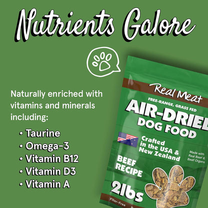 TRMC Real Meat Air Dried Dog Food w/Real Beef - 2lb Bag of USA-Crafted Grain-Free Real Meat Dog Food Sourced from Hormone-Free, Free-Range, Grass-Fed Beef - Digestible, All Natural, High Protein Beef