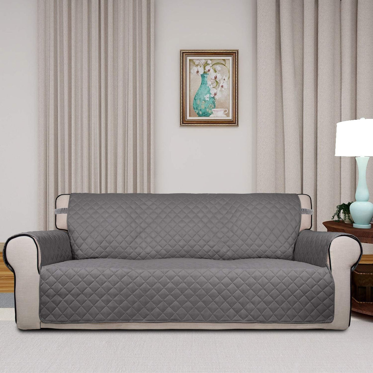 Reversible Quilted Sofa Cover Dog Couch Covers for Sofa, 66 in | Gray/Light Gray, Water Resistant Couch Protector, Washable Pet Couch Cover with Non Slip and Elastic Straps For Kids - Colors A