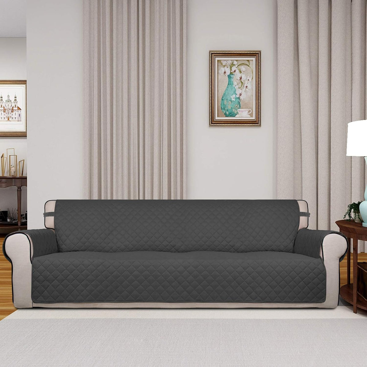 Reversible Quilted Sofa Cover Dog Couch Covers for Sofa, 66 in | Gray/Light Gray, Water Resistant Couch Protector, Washable Pet Couch Cover with Non Slip and Elastic Straps For Kids - Colors A
