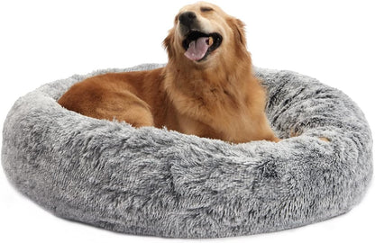 Calming Fluffy Donut Dog Bed for Large Dogs,Dark Grey, 36" Round