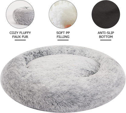 Calming Fluffy Donut Dog Bed for Large Dogs,Dark Grey, 36" Round