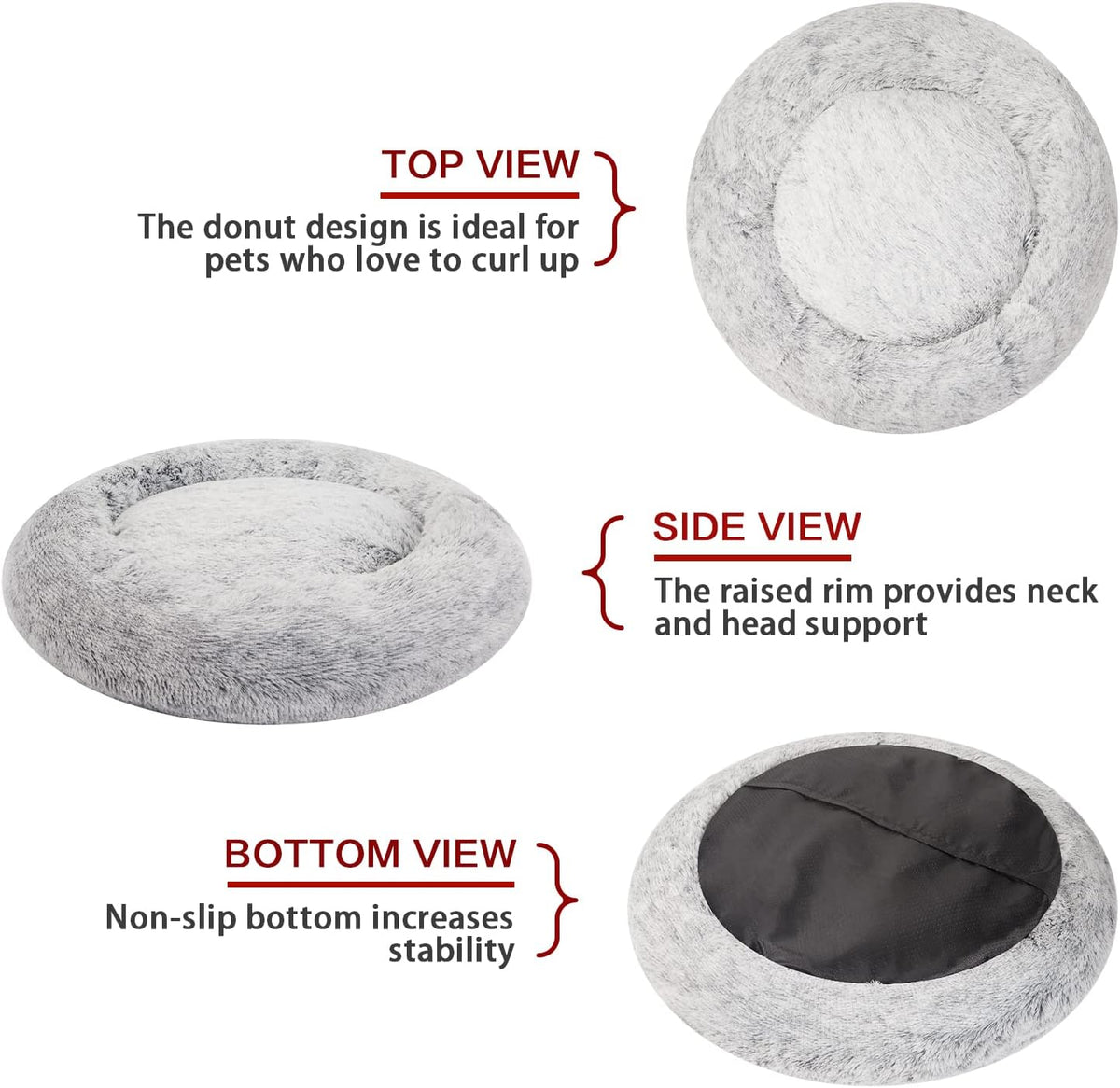 Calming Fluffy Donut Dog Bed for Large Dogs,Dark Grey, 36" Round