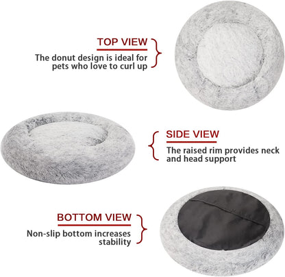 Calming Fluffy Donut Dog Bed for Large Dogs,Dark Grey, 36" Round