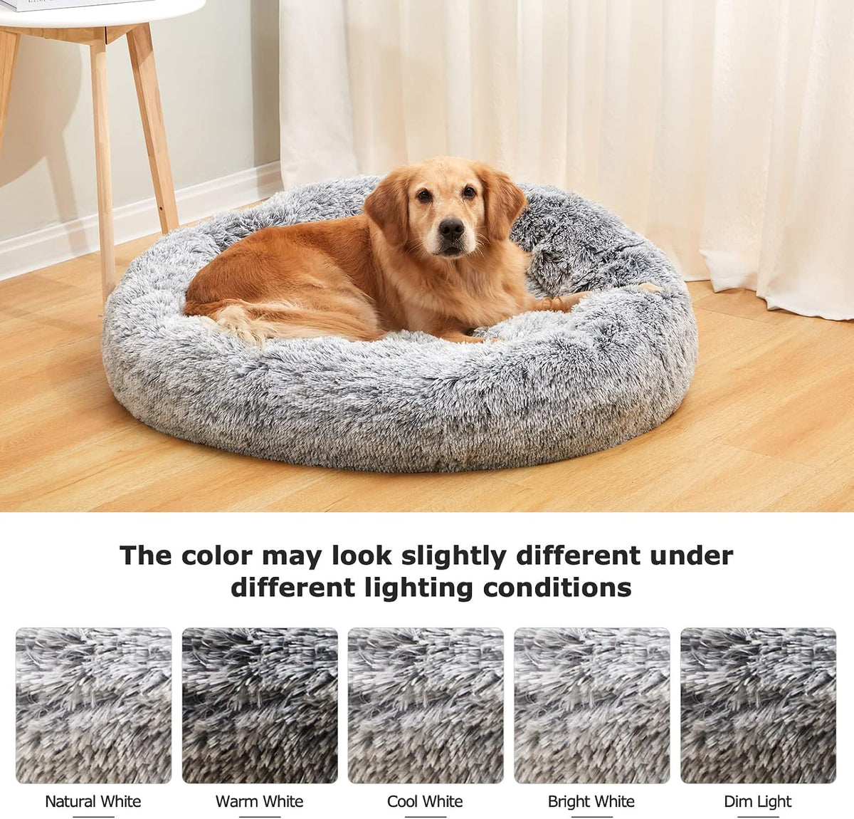 Calming Fluffy Donut Dog Bed for Large Dogs,Dark Grey, 36" Round
