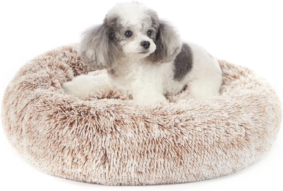 Calming Fluffy Donut Dog Bed for Large Dogs,Dark Grey, 36" Round