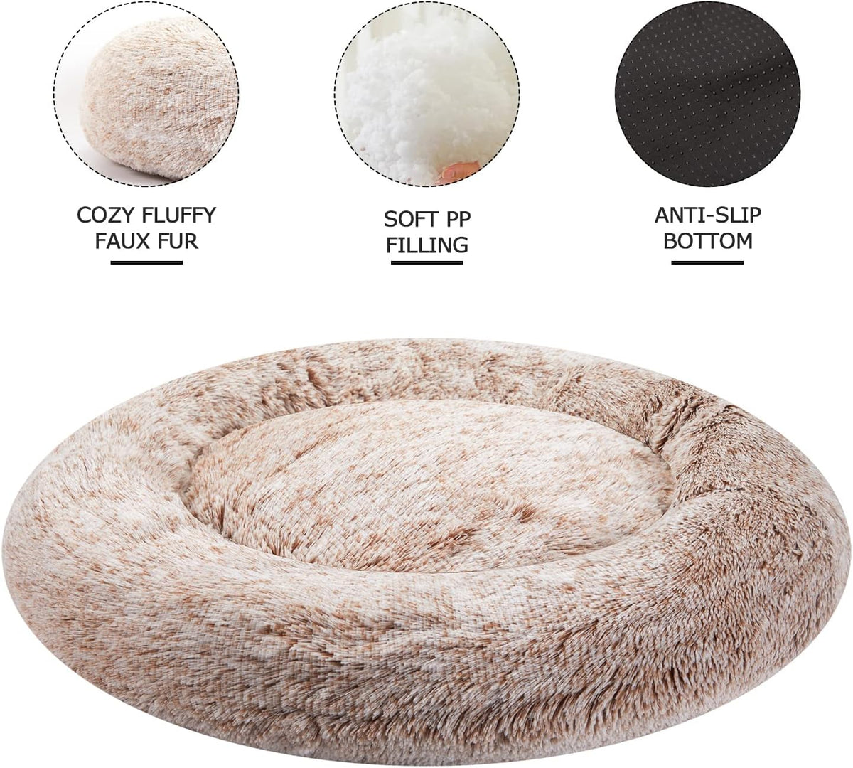Calming Fluffy Donut Dog Bed for Large Dogs,Dark Grey, 36" Round