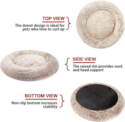 Calming Fluffy Donut Dog Bed for Large Dogs,Dark Grey, 36" Round
