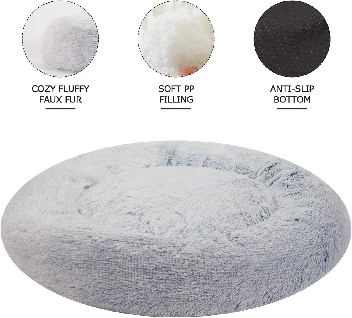 Calming Fluffy Donut Dog Bed for Large Dogs,Dark Grey, 36" Round