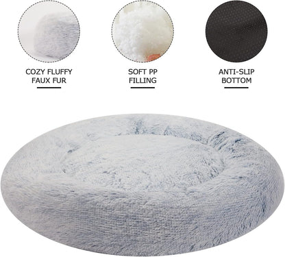 Calming Fluffy Donut Dog Bed for Large Dogs,Dark Grey, 36" Round