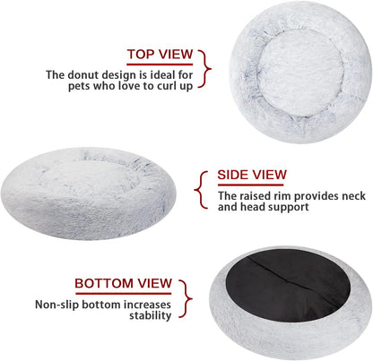 Calming Fluffy Donut Dog Bed for Large Dogs,Dark Grey, 36" Round