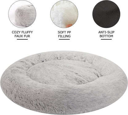 Calming Fluffy Donut Dog Bed for Large Dogs,Dark Grey, 36" Round