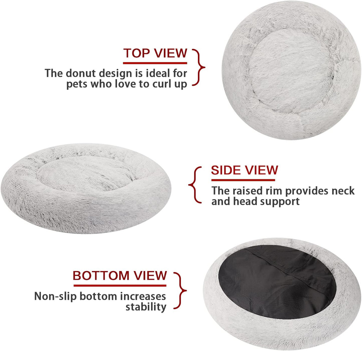 Calming Fluffy Donut Dog Bed for Large Dogs,Dark Grey, 36" Round