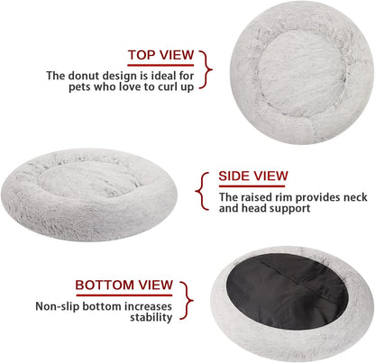 Calming Fluffy Donut Dog Bed for Large Dogs,Dark Grey, 36" Round