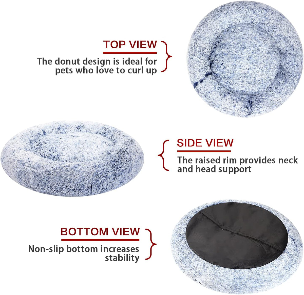 Calming Fluffy Donut Dog Bed for Large Dogs,Dark Grey, 36" Round