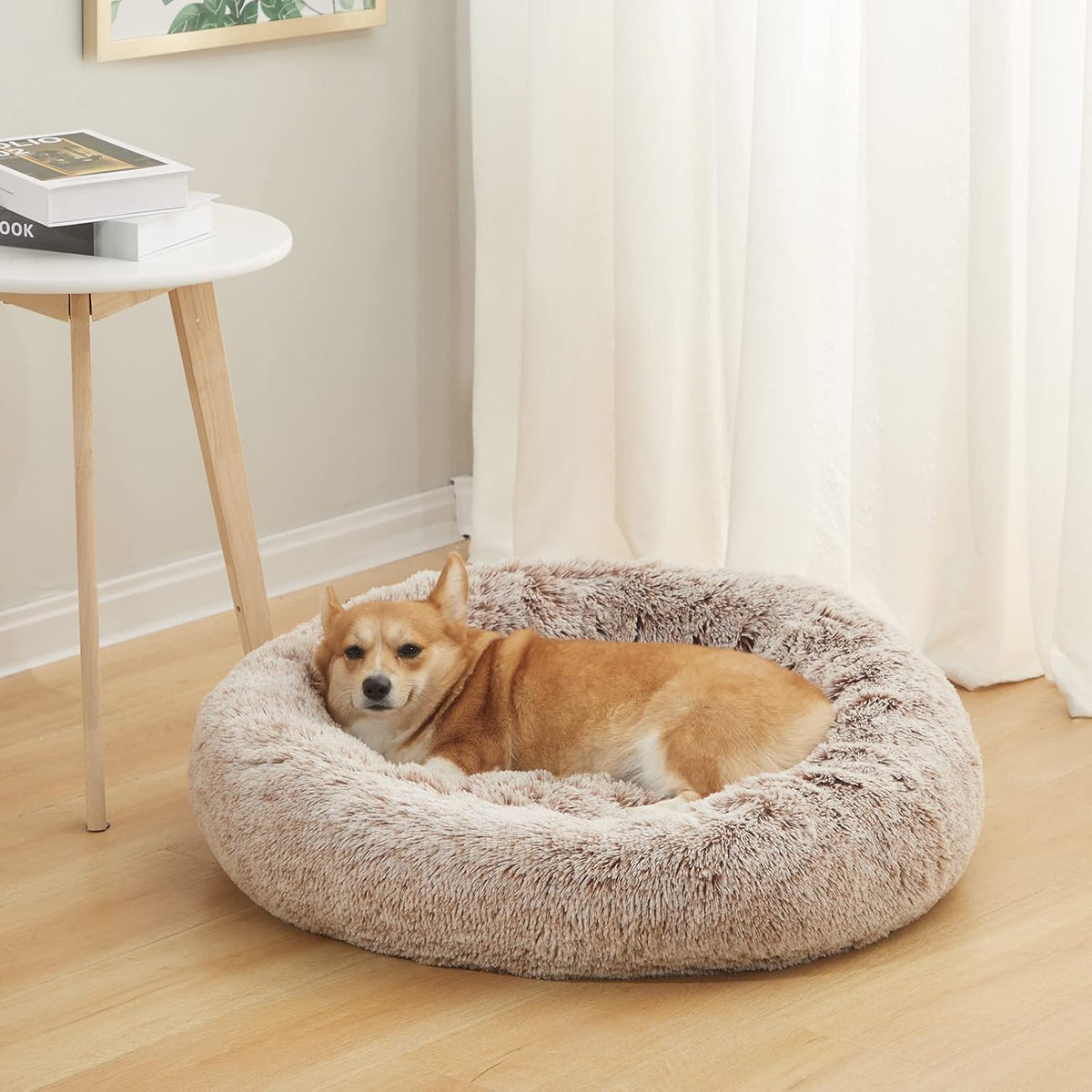 Calming Fluffy Donut Dog Bed for Large Dogs,Dark Grey, 36" Round