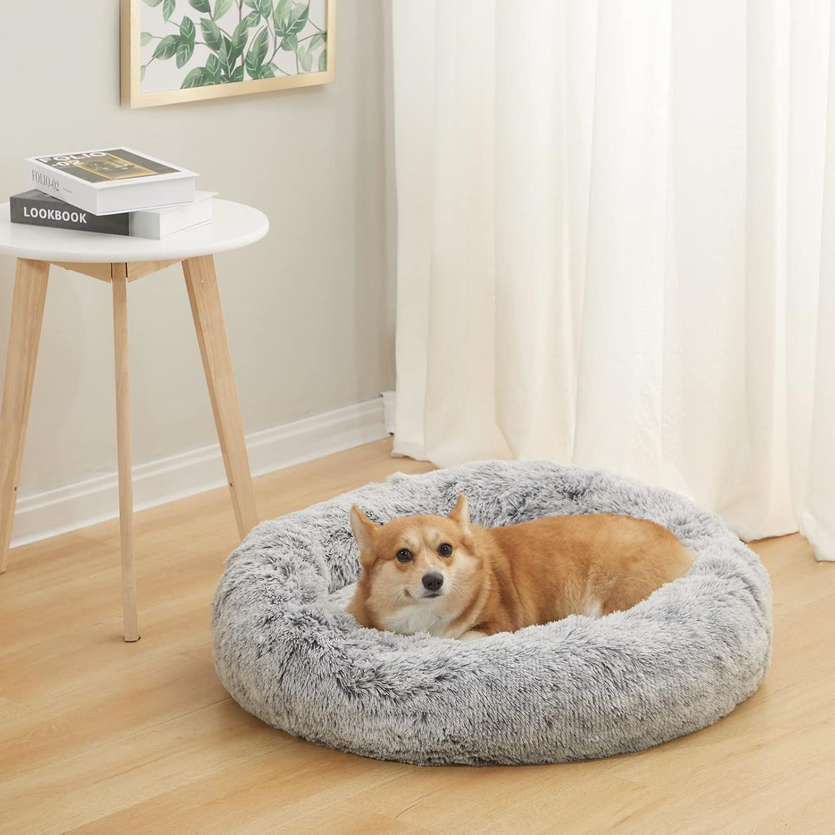 Calming Fluffy Donut Dog Bed for Large Dogs,Dark Grey, 36" Round