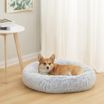 Calming Fluffy Donut Dog Bed for Large Dogs,Dark Grey, 36" Round
