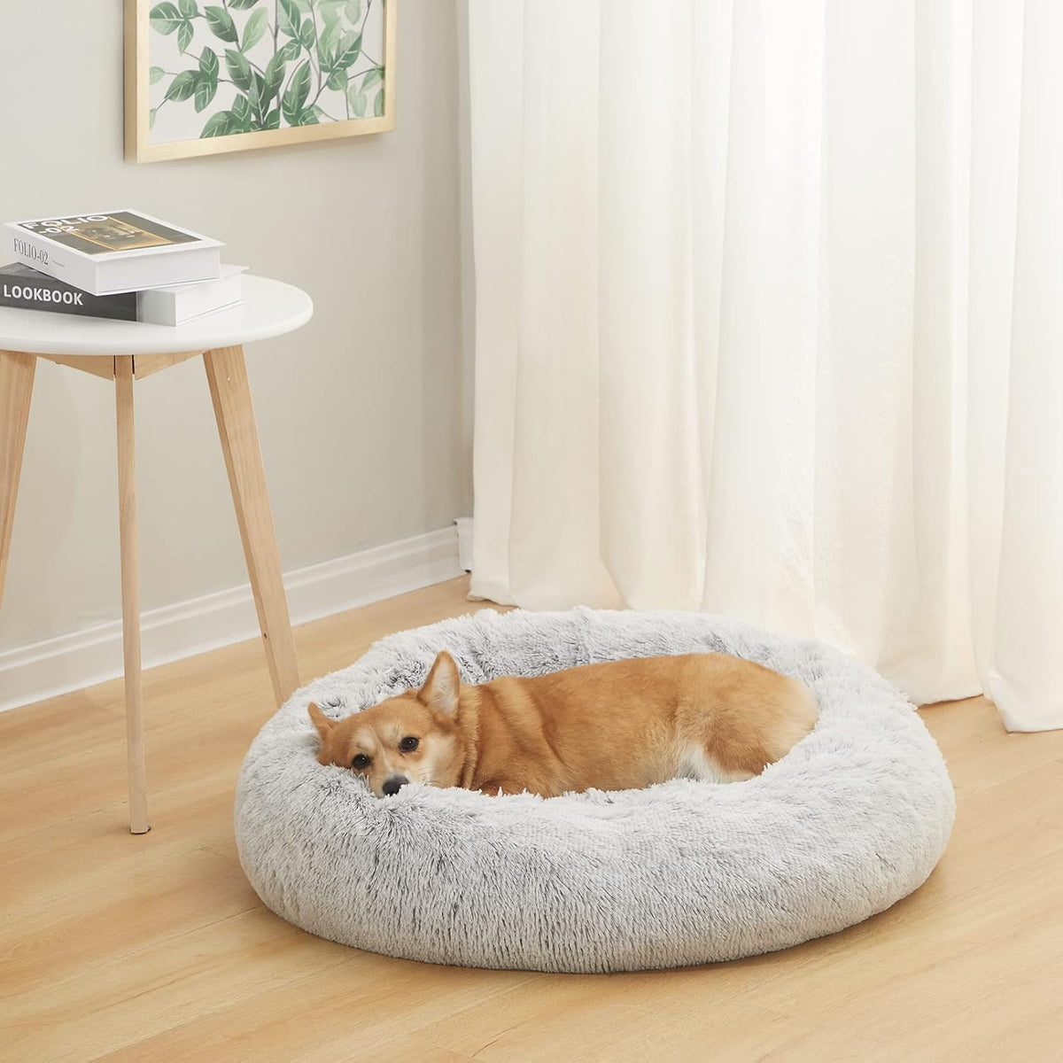 Calming Fluffy Donut Dog Bed for Large Dogs,Dark Grey, 36" Round