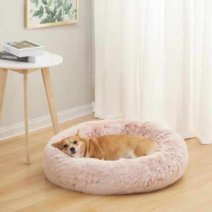 Calming Fluffy Donut Dog Bed for Large Dogs,Dark Grey, 36" Round