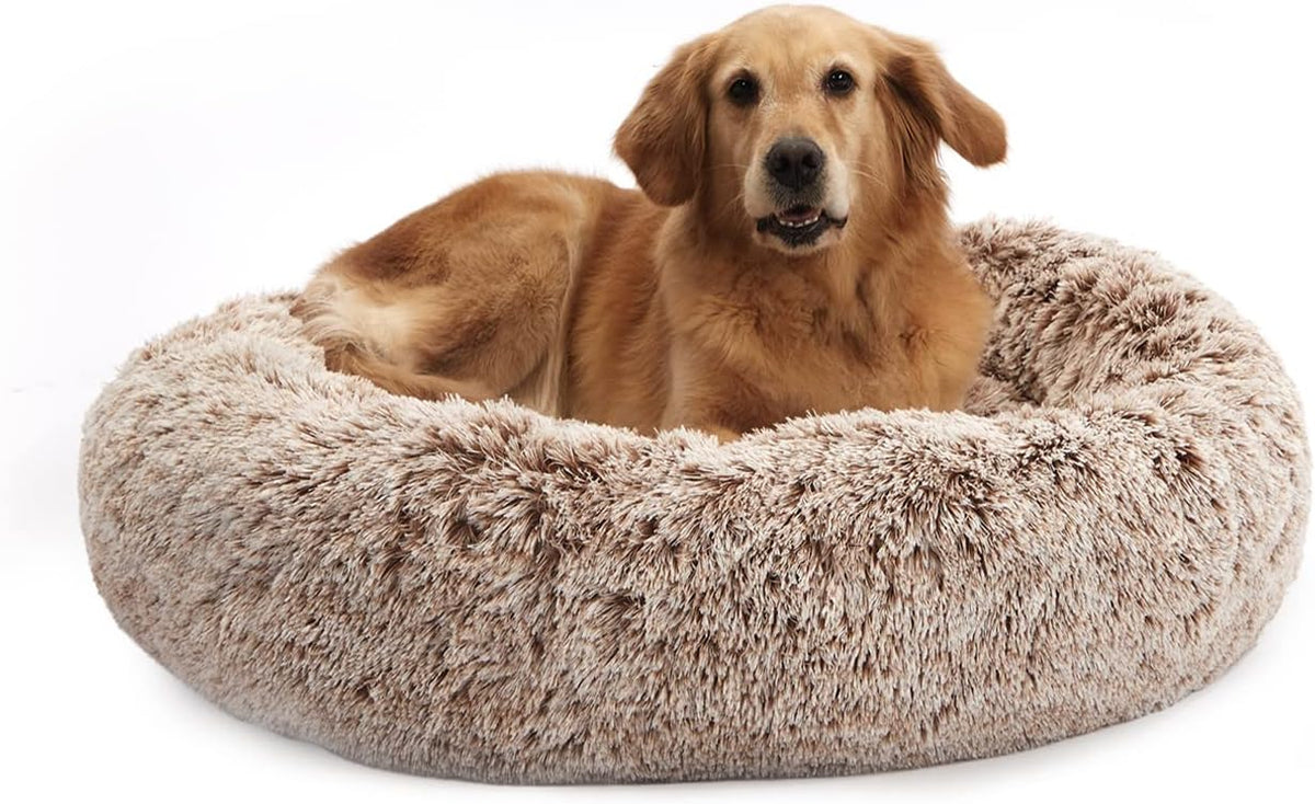 Calming Fluffy Donut Dog Bed for Large Dogs,Dark Grey, 36" Round