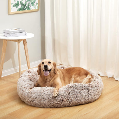 Calming Fluffy Donut Dog Bed for Large Dogs,Dark Grey, 36" Round