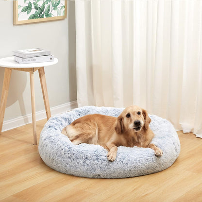 Calming Fluffy Donut Dog Bed for Large Dogs,Dark Grey, 36" Round