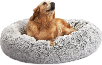 Calming Fluffy Donut Dog Bed for Large Dogs,Dark Grey, 36" Round